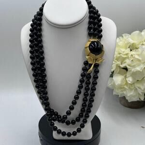 Avon Vintage Torsade Black‎ Triple Strand Large Gold Tone Rose Accent Necklace